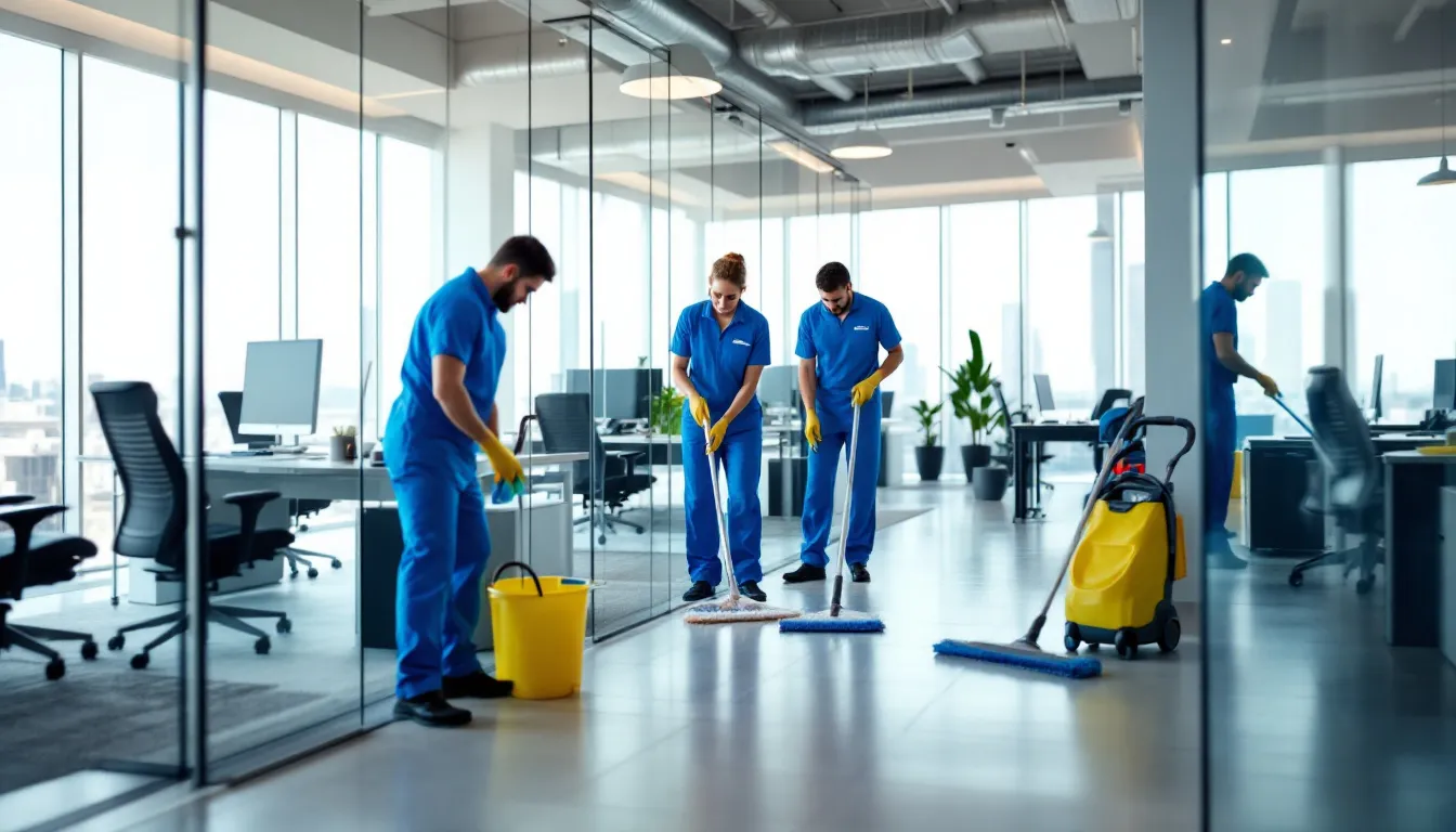 A cleaning service team is diligently working inside a modern office building in Iowa, utilizing various cleaning supplies and equipment to ensure a pristine environment. This scene highlights the professionalism of a commercial cleaning business, emphasizing the importance of excellent customer service and compliance with local regulations.
