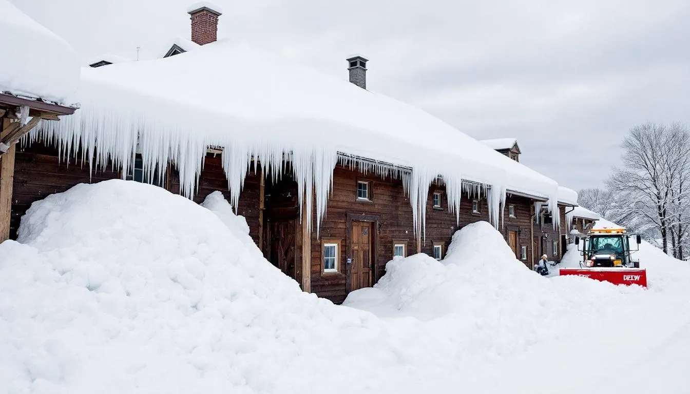 In a snowy Minnesota winter scene, several snow-covered buildings stand in need of specialized cleaning services, highlighting the importance of a cleaning business equipped to handle the challenges of winter maintenance. The image captures the serene yet demanding environment where commercial cleaning becomes essential for maintaining the appearance and safety of properties during harsh weather conditions.