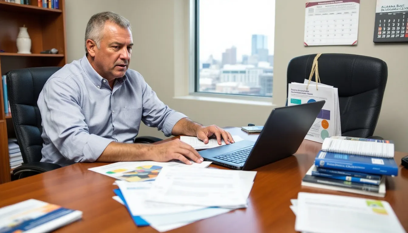 A business owner is focused on researching how to start a cleaning business in Alabama, with various business development center materials, including documents about business structure and necessary permits, spread across their desk alongside a laptop. The scene emphasizes the planning and preparation involved in establishing a successful cleaning services company.