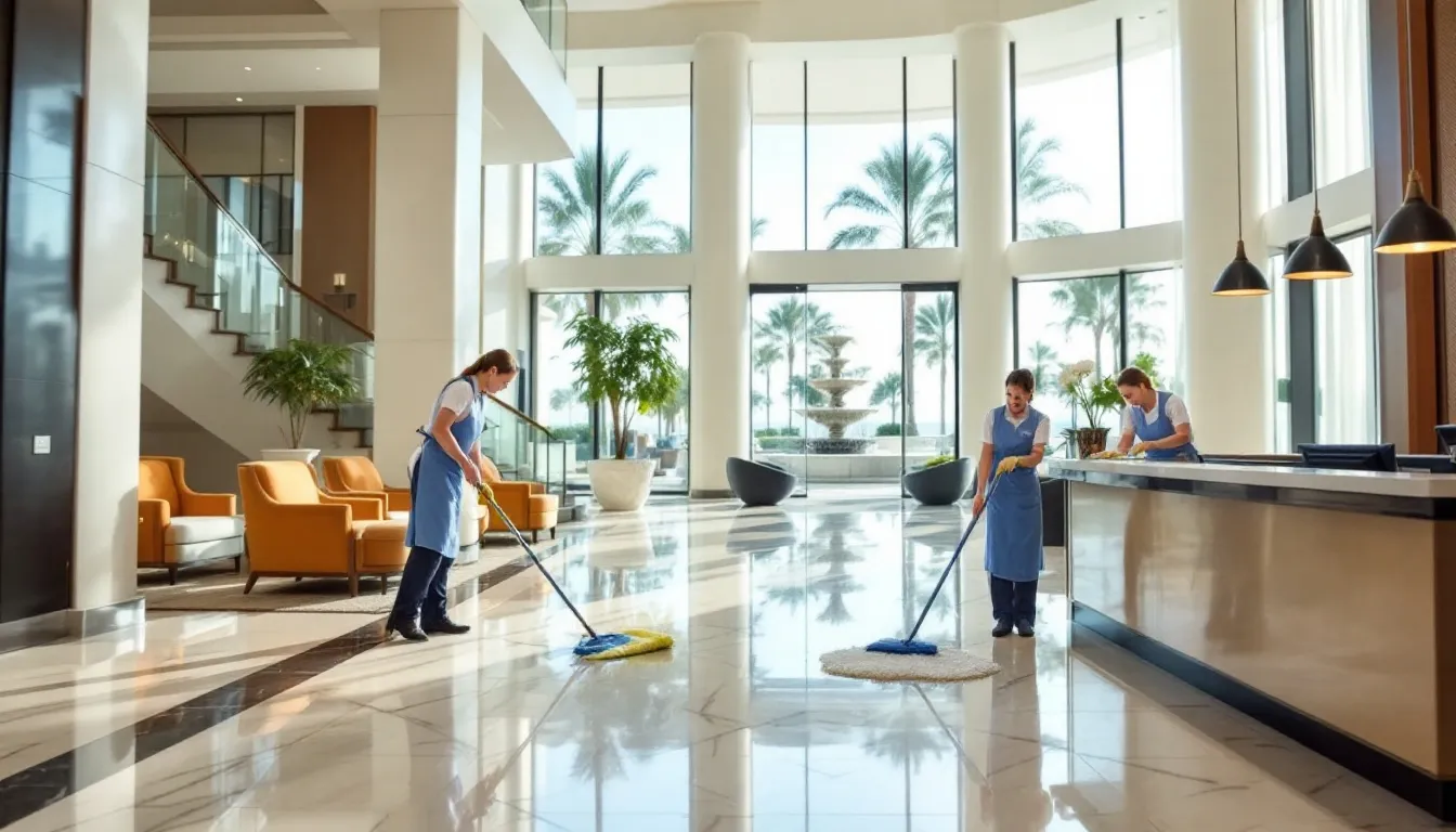 In the image, a hotel lobby is being meticulously cleaned, showcasing staff using various cleaning supplies to maintain the pristine condition of the resort facilities. This scene highlights the importance of commercial cleaning services in the hospitality industry, essential for ensuring a welcoming environment for guests.