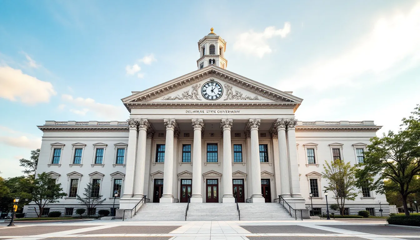 The image shows the exterior of a Delaware state government building, featuring a grand entrance with large columns and a flagpole in front. This building is a central hub for business-related services, including those for starting a cleaning business in Delaware, such as obtaining a general business license and business insurance.