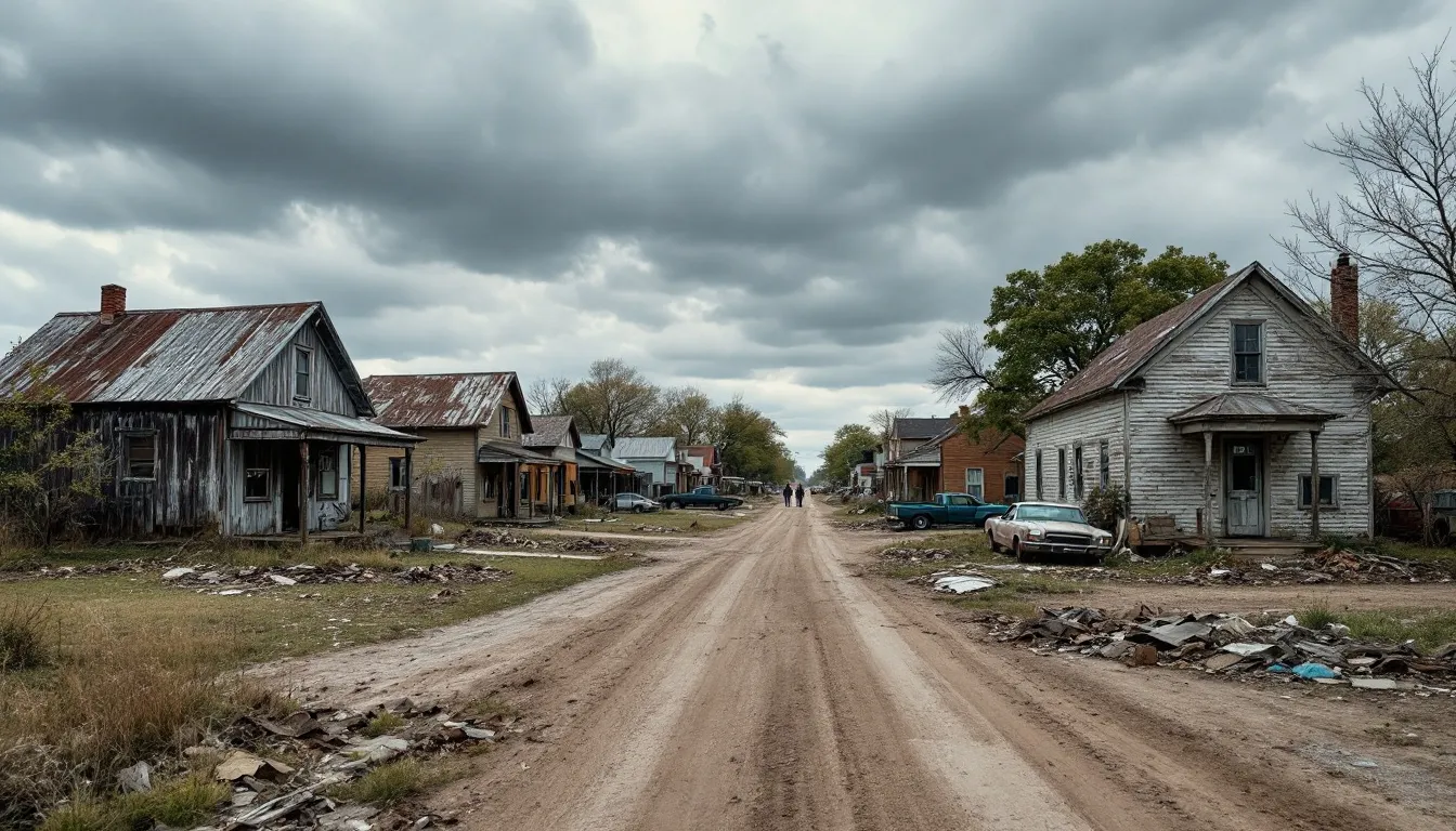 The image depicts a rural Oklahoma town featuring traditional homes, highlighting the potential for residential house cleaning businesses to thrive in the area. The scene suggests a community that could greatly benefit from professional cleaning services, emphasizing the opportunities for local entrepreneurs in the cleaning industry.