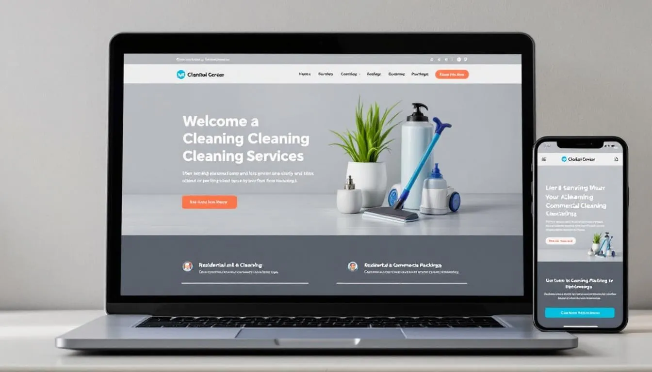 The image displays a professional website showcasing various cleaning services on both a laptop and a mobile device, highlighting features relevant to small business owners in the cleaning industry. It emphasizes the importance of a well-structured online presence for those looking to start a cleaning business, offering insights into services like residential cleaning and commercial cleaning.