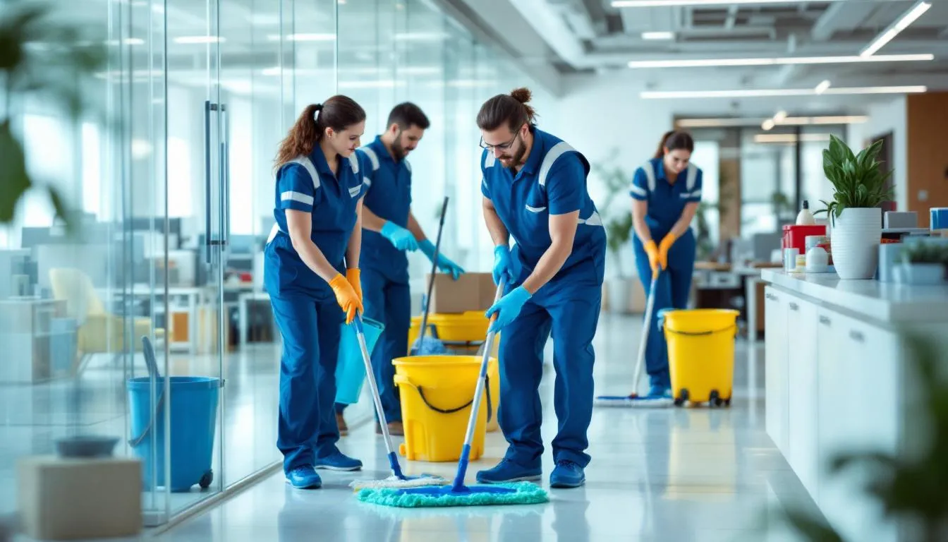 A team of professional cleaners is collaborating in an office space, using various cleaning supplies and specialized equipment to ensure a thorough clean. This scene highlights the teamwork essential in the commercial cleaning business, showcasing their commitment to delivering exceptional cleaning services.