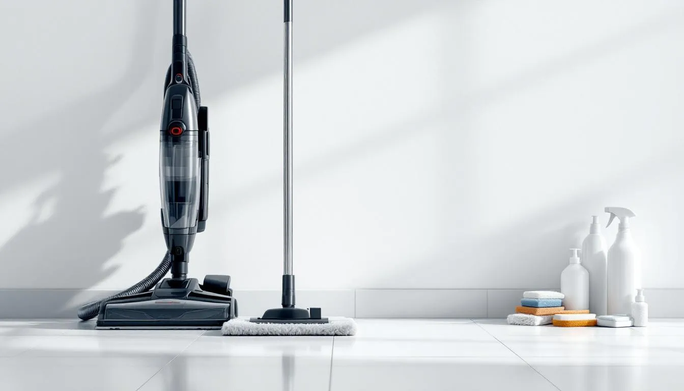 The image showcases a variety of professional cleaning equipment, including a high-quality vacuum cleaner, a mop, and neatly organized cleaning supplies, essential for running a successful cleaning business. This setup represents the tools needed for both residential and commercial cleaning services, emphasizing the importance of being well-equipped in the cleaning industry.