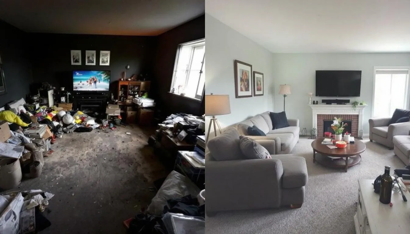 The image showcases a striking transformation of a home, with a side-by-side comparison of a cluttered, dirty space before cleaning services were applied, and a pristine, organized room after a professional cleaning. This dramatic change highlights the effectiveness of cleaning business marketing strategies in attracting potential clients seeking a clean and welcoming environment.