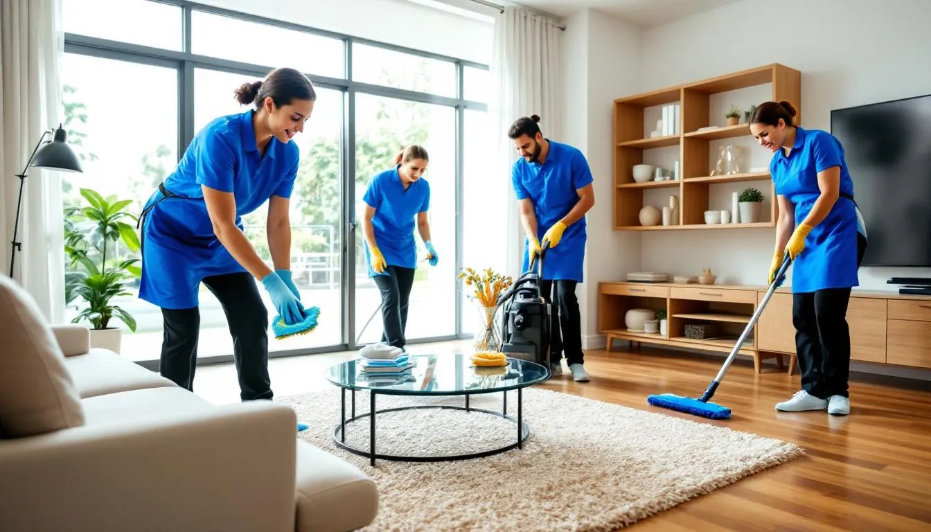 In a modern living room, two professional house cleaners are collaborating to provide thorough house cleaning services, utilizing various cleaning supplies to ensure a spotless environment. Their teamwork highlights the importance of professional cleaning services in maintaining a clean and inviting home.