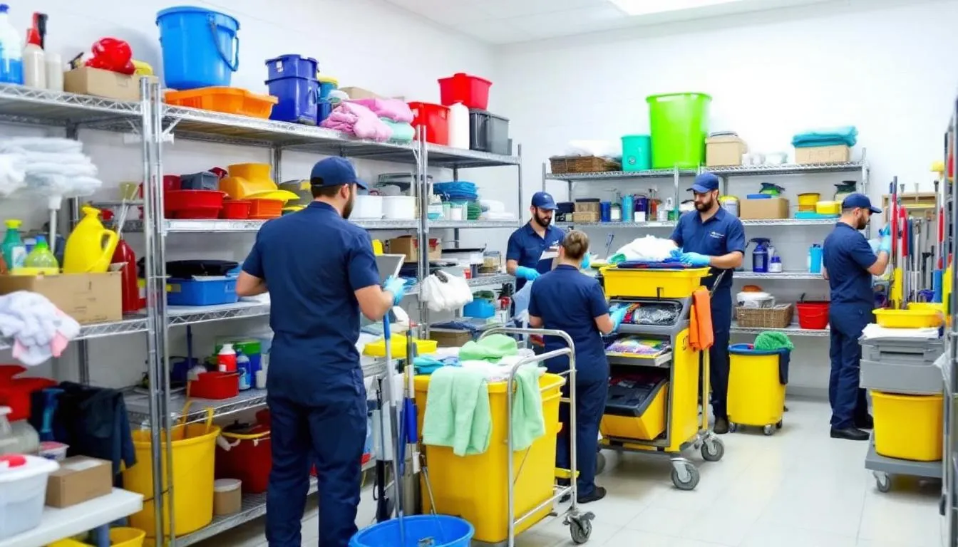 A team of professional cleaners, dressed in matching uniforms, is seen organizing their cleaning supplies and equipment, including a vacuum cleaner and various cleaning solutions. This image reflects the essential preparations for a successful cleaning business, highlighting the importance of organization in the cleaning industry.
