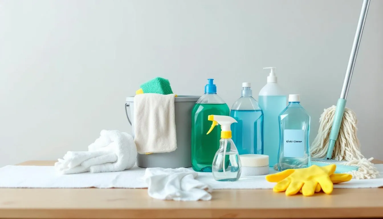 The image features a well-organized table displaying various professional cleaning supplies and equipment, including vacuum cleaners, glass cleaners, and trash bags, ideal for anyone looking to start a cleaning business or enhance their cleaning services. This setup reflects the essentials for a successful cleaning business, showcasing the tools necessary for both residential and commercial cleaning.