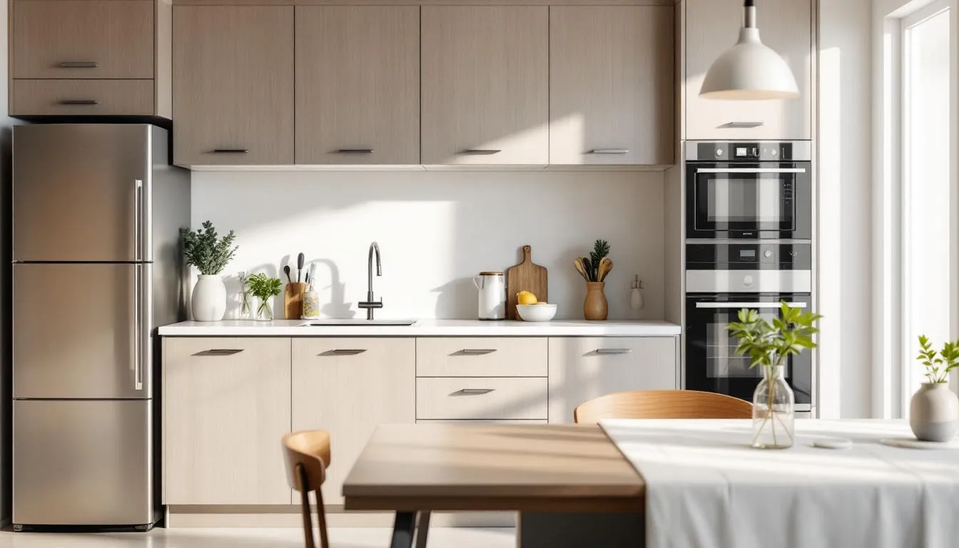 The image depicts a clean and organized modern kitchen, highlighting the results of professional cleaning services. The countertops are spotless, and all appliances, including the oven, are gleaming, showcasing the effectiveness of deep cleaning and regular house cleaning routines.