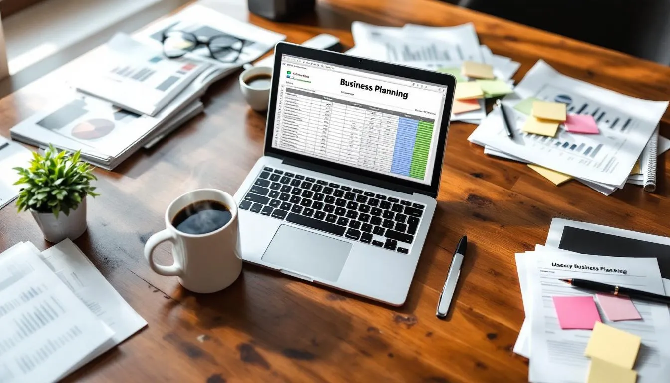 A desk is cluttered with business planning documents and a laptop, accompanied by a steaming cup of coffee, suggesting a focused environment for a cleaning business owner developing strategies for a successful commercial cleaning venture. The scene reflects the essential tools and mindset required to start a cleaning business, emphasizing planning and preparation in the cleaning industry.
