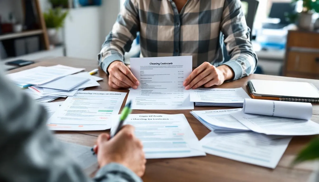 The image shows a person sitting at a table, meticulously comparing various cleaning service quotes and contracts, surrounded by documents detailing house cleaning prices and services. This scene captures the process of evaluating professional cleaning services, highlighting the importance of understanding house cleaning costs and options.