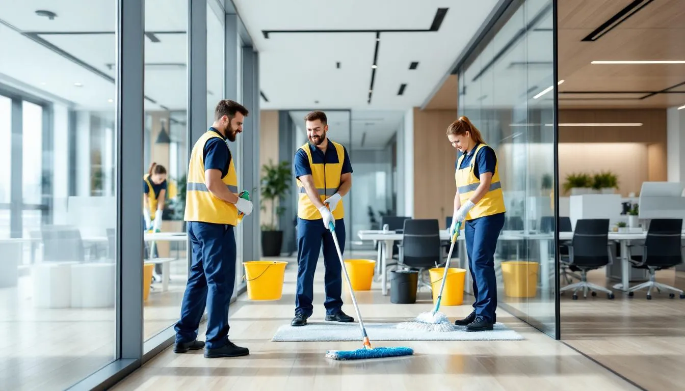 A professional cleaning team collaborates efficiently in a modern office space, showcasing their expertise in commercial cleaning services. This image highlights the teamwork essential for maintaining a clean environment, which is crucial for attracting potential clients in the cleaning industry.
