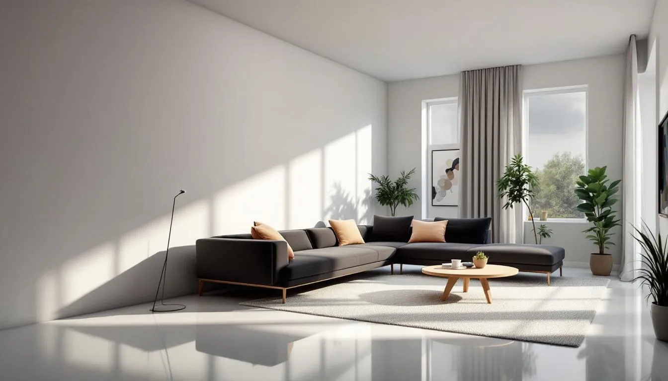 The image depicts a modern home interior that has undergone professional deep cleaning services, showcasing spotless surfaces and organized furniture. The bright and inviting atmosphere highlights the effectiveness of house cleaning services, emphasizing cleanliness and attention to detail throughout the space.