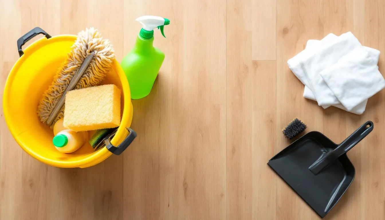 The image shows a well-organized table featuring various professional cleaning supplies and equipment, such as spray bottles, mops, and cloths, which are essential for maids and housekeepers in their jobs. This setup exemplifies the tools that employees in the cleaning industry use to ensure homes are maintained with care and efficiency.