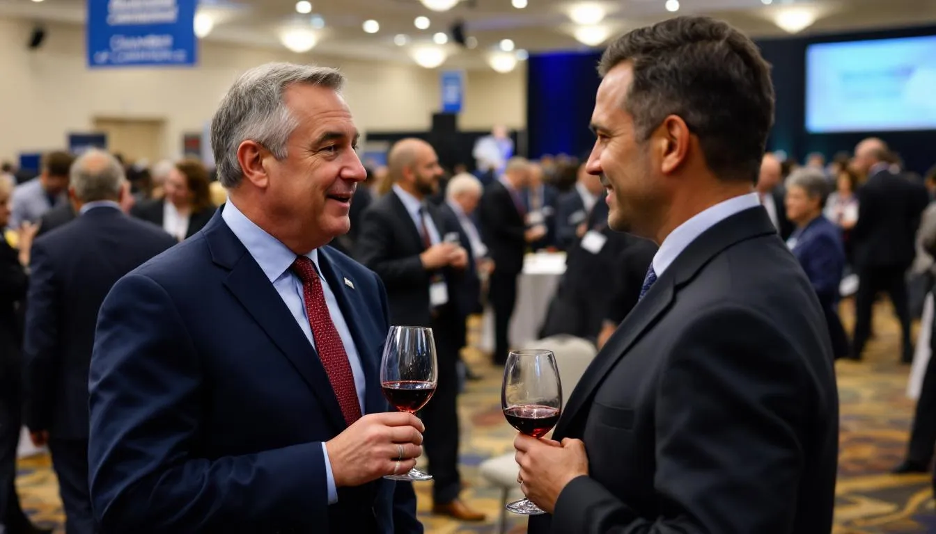 A group of business owners is networking at a local chamber of commerce event, engaging in conversations about marketing strategies for their cleaning services. They exchange ideas on attracting new clients and enhancing their digital marketing efforts to stand out in the competitive cleaning industry.