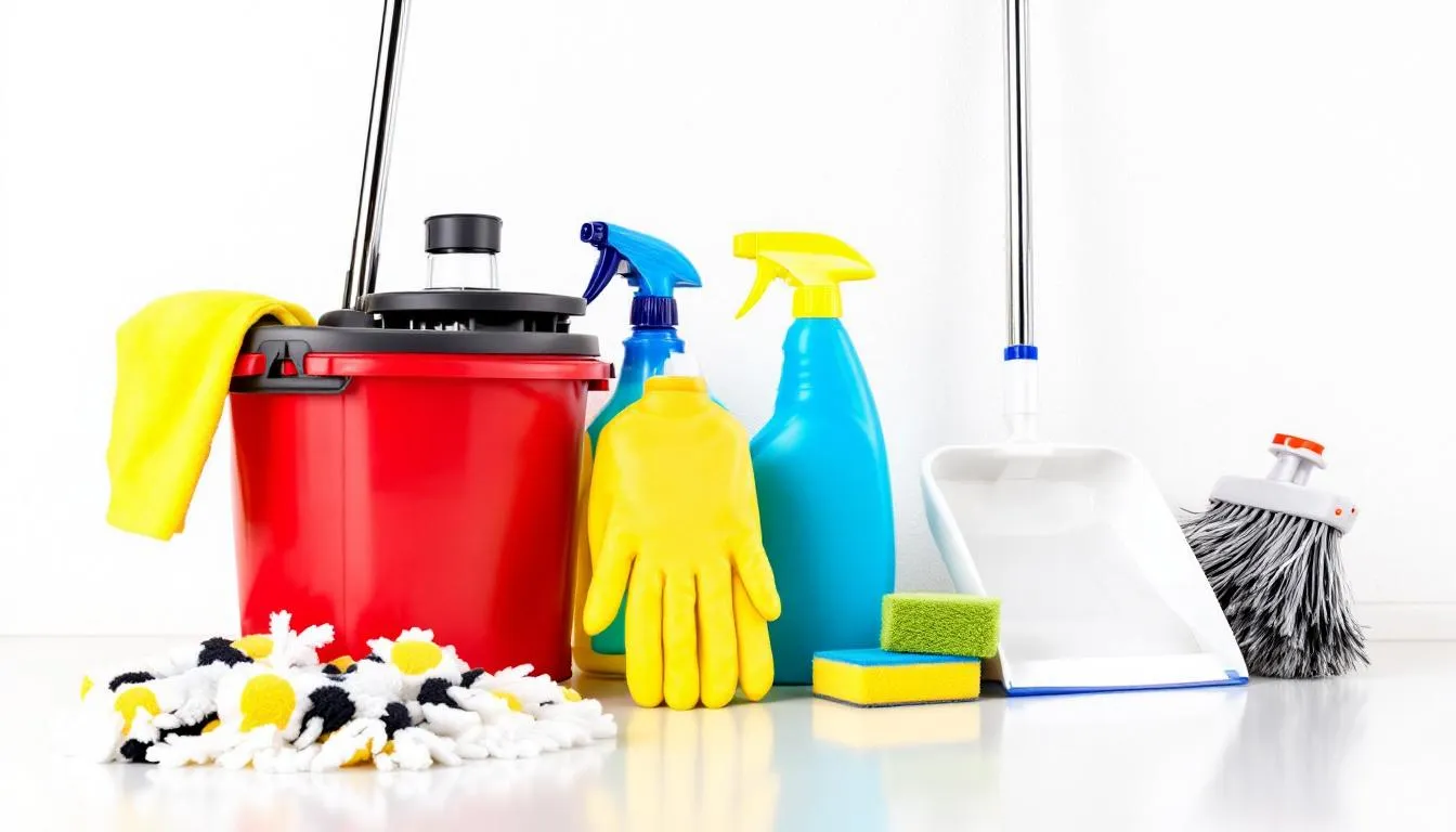 An array of professional cleaning supplies and equipment, including a vacuum cleaner, glass cleaner, and paper towels, is neatly arranged on a spotless surface, showcasing essentials for a successful cleaning business. This setup reflects the organized nature of the cleaning industry and the tools necessary for providing exceptional cleaning services.