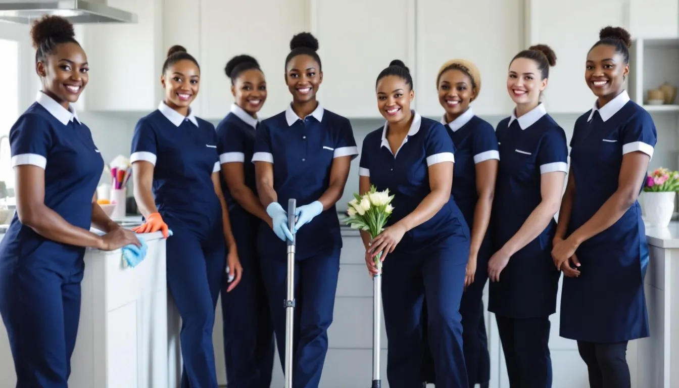 The image shows a diverse group of professional domestic workers in their work uniforms, representing various roles such as maids and housekeepers. They stand together, showcasing their commitment to providing cleaning and home care services, while highlighting the importance of fair pay and benefits in the domestic work sector.